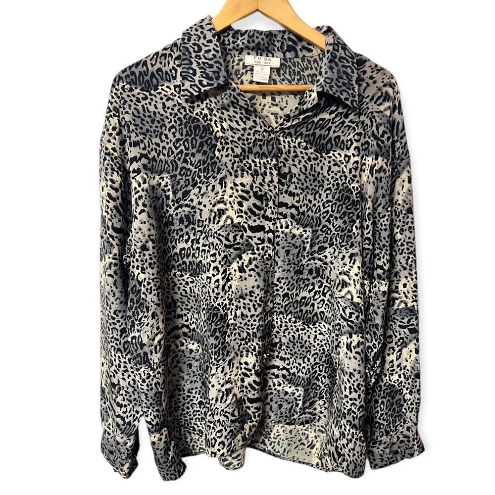 FU DA vintage leopard print silk button down top #G22